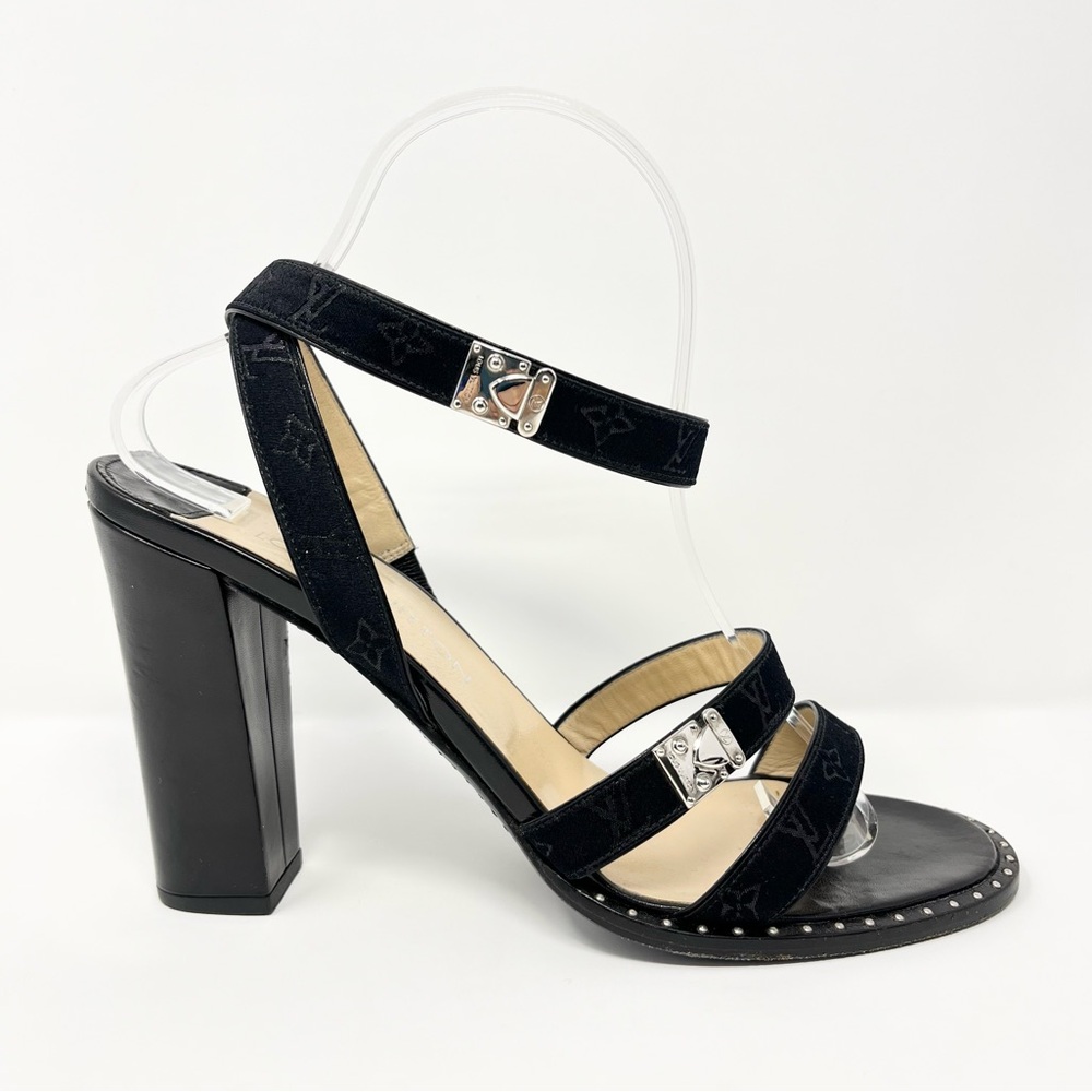 Louis Vuitton Mini Lin Logo Monogram Black Sandals High Heels Shoes Womens 40 10 - Picture 12 of 12
